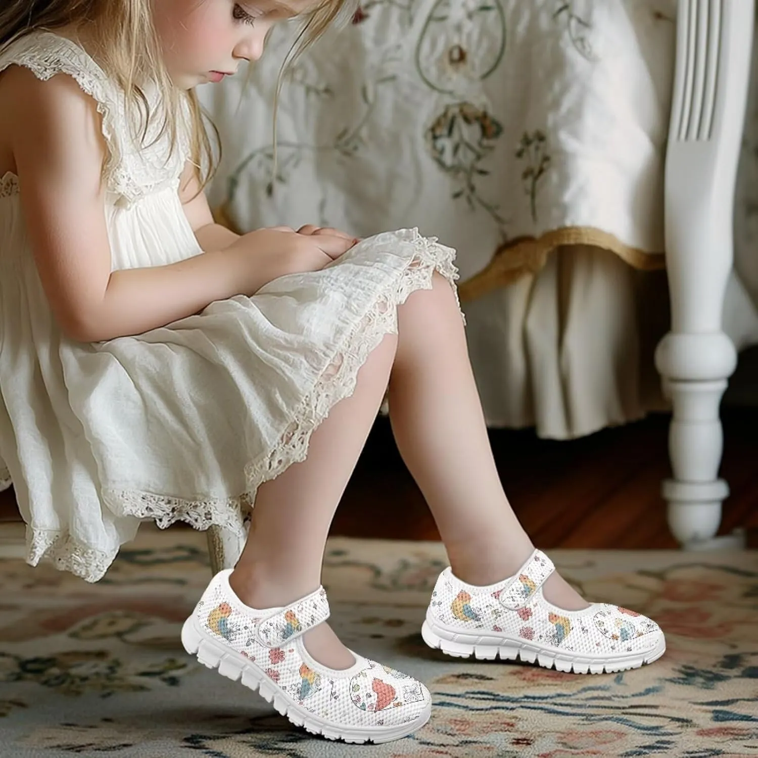 Binienty Kids Mesh Sneakers One Strap Mary Jane Shoes Casual Breathable School Dress Flats