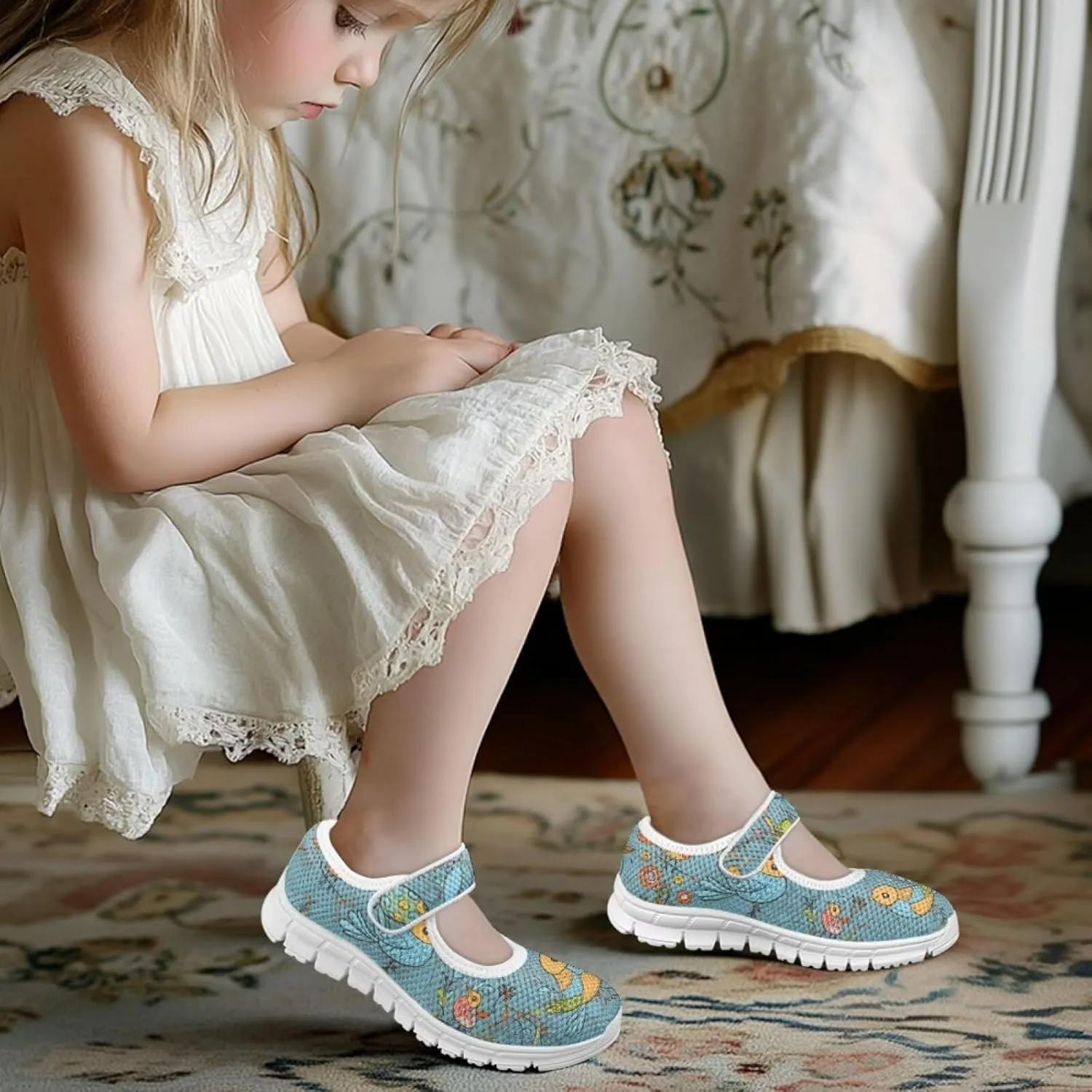 Binienty Kids Mesh Sneakers One Strap Mary Jane Shoes Casual Breathable School Dress Flats