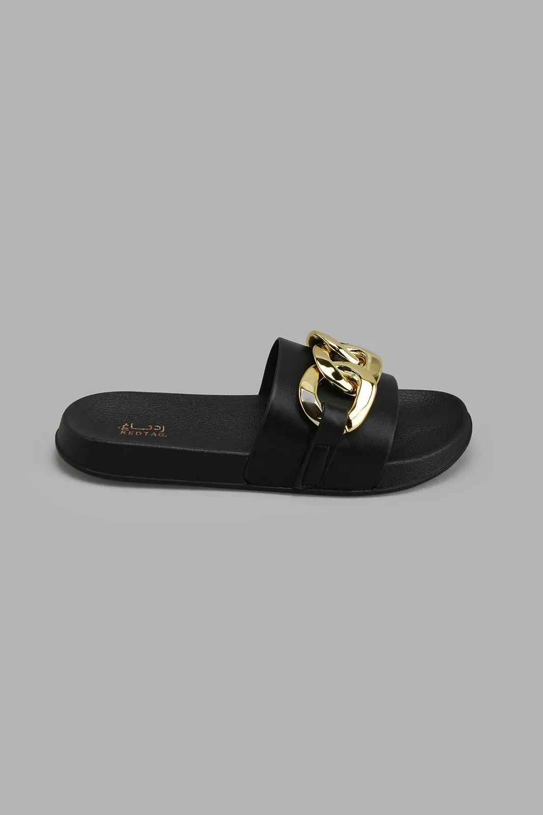 Black Slide With Gold Chain Trim