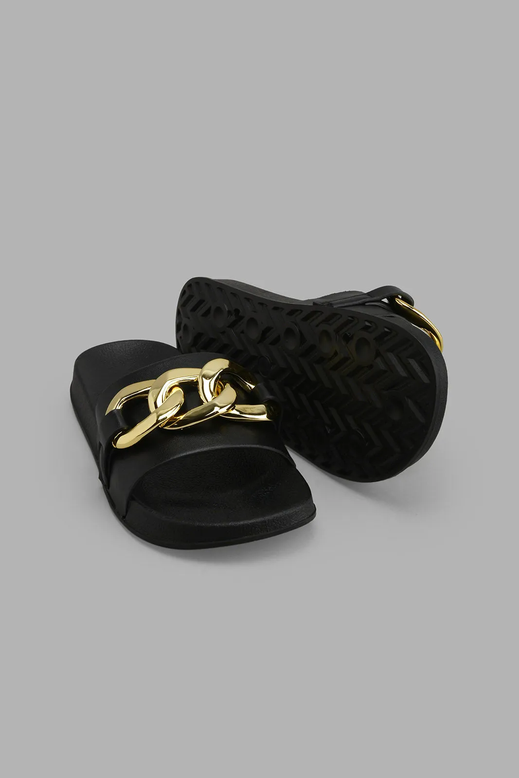 Black Slide With Gold Chain Trim