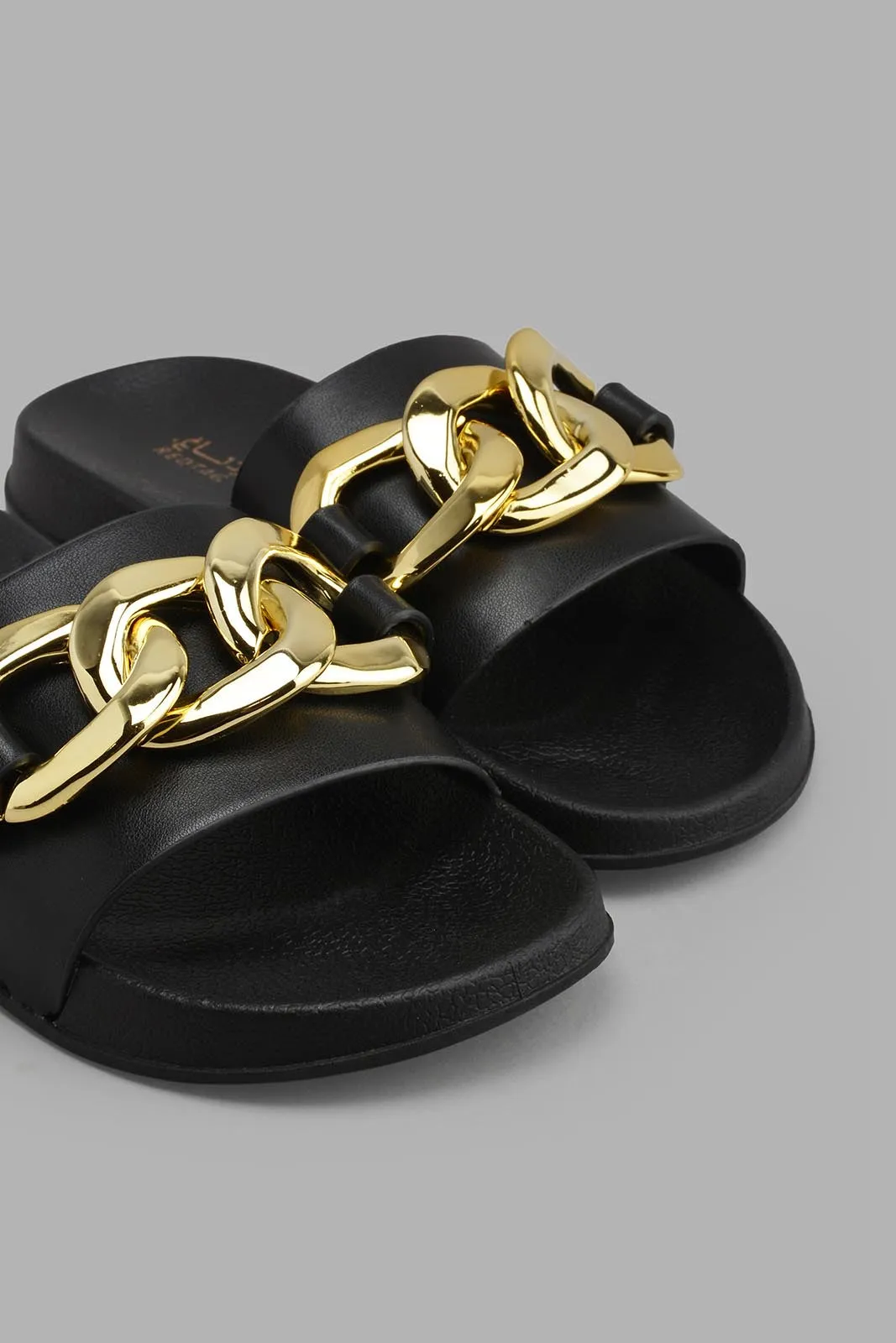 Black Slide With Gold Chain Trim