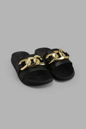 Black Slide With Gold Chain Trim