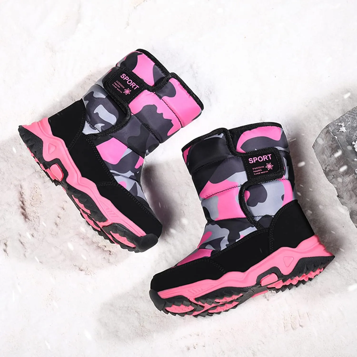 Boys' ?aterproof Winter Snow Boots with Insulation for Cold Weather Girls Camouflage Outdoor Cotton Rain Boots