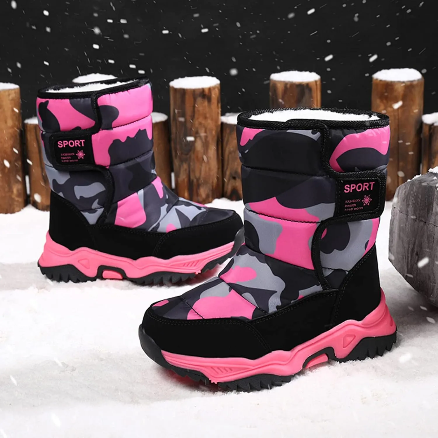 Boys' ?aterproof Winter Snow Boots with Insulation for Cold Weather Girls Camouflage Outdoor Cotton Rain Boots