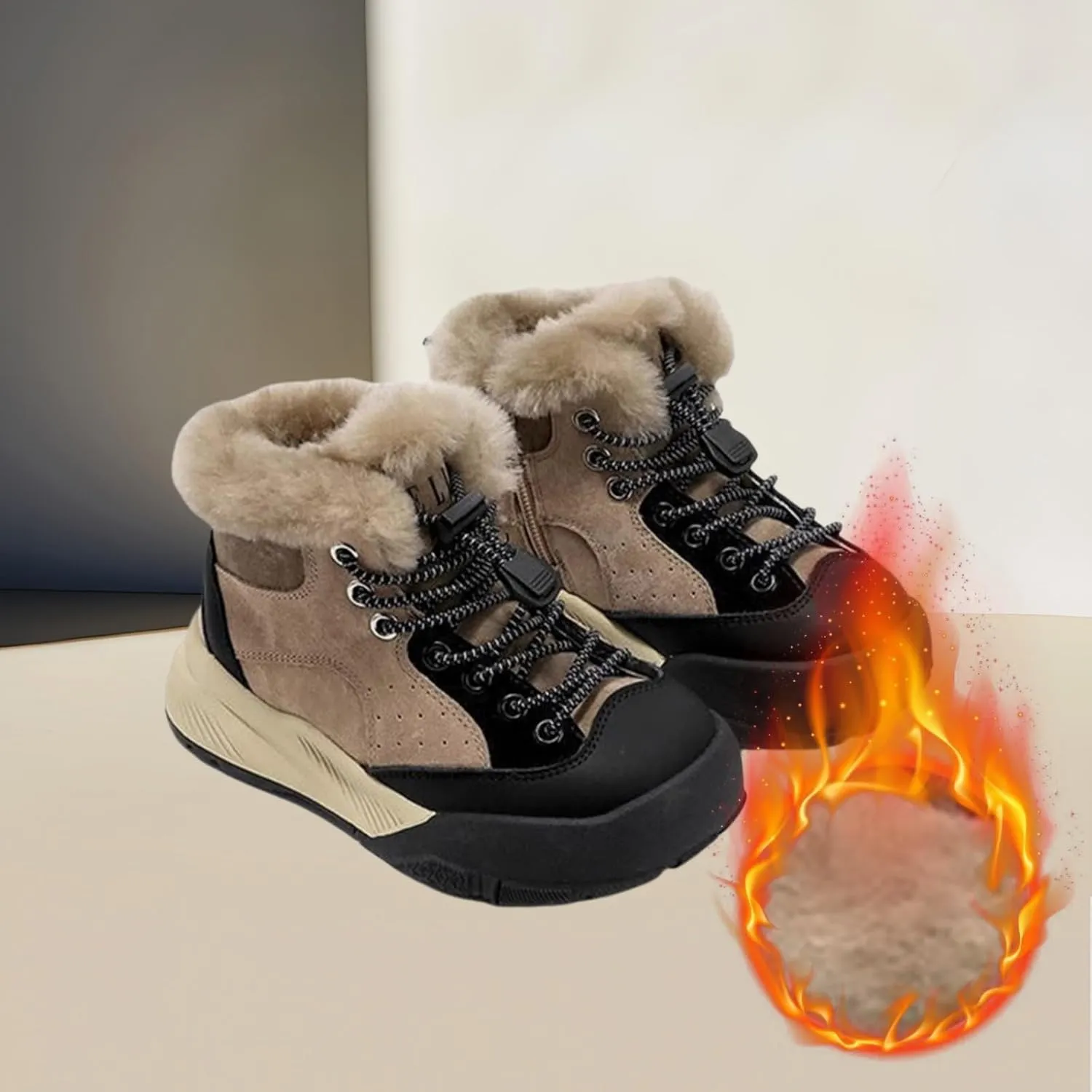 Boys Kids Snow Fuzzy Booties Lace-Up Thick Non Slip Ski Shoes Childrens Ankle Warm Comfy Fashion Shoes Chunky Sole