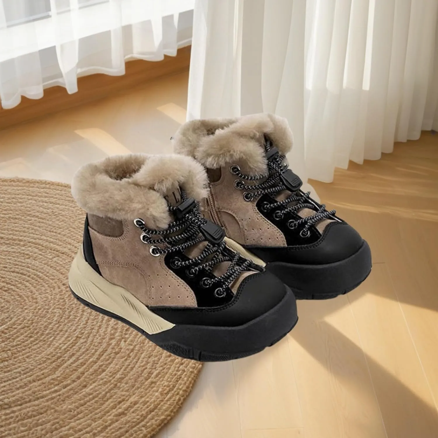 Boys Kids Snow Fuzzy Booties Lace-Up Thick Non Slip Ski Shoes Childrens Ankle Warm Comfy Fashion Shoes Chunky Sole