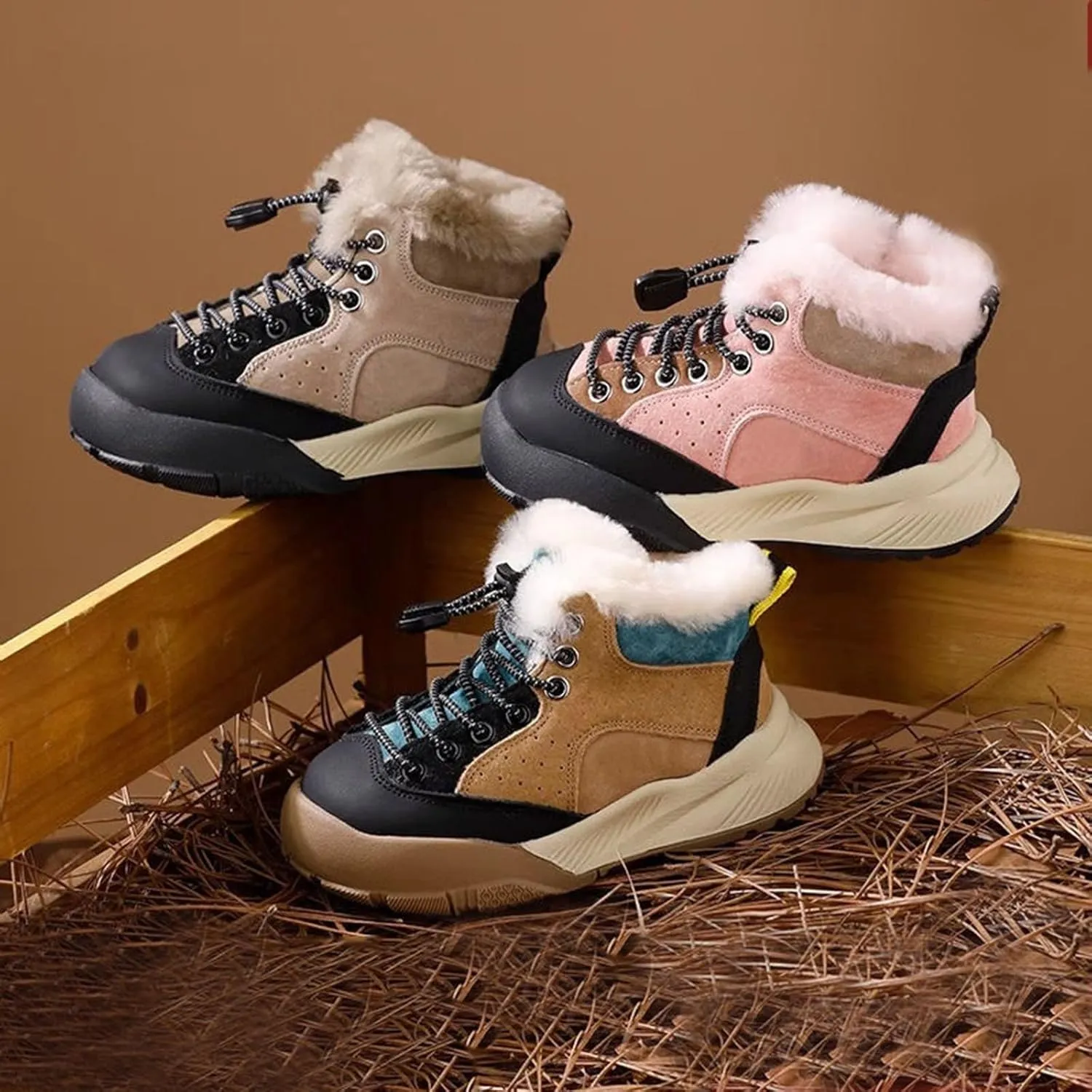 Boys Kids Snow Fuzzy Booties Lace-Up Thick Non Slip Ski Shoes Childrens Ankle Warm Comfy Fashion Shoes Chunky Sole