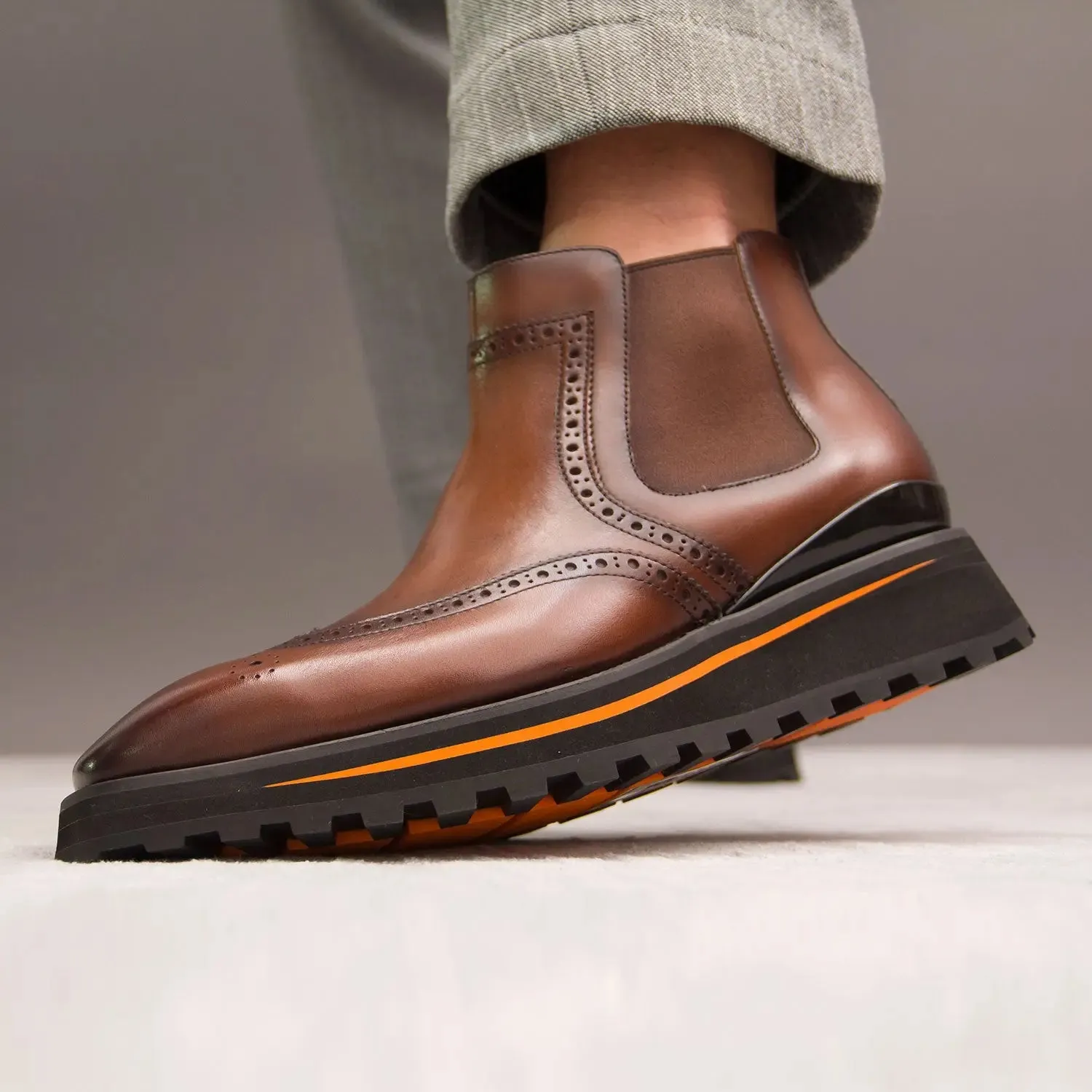 Brogue Thick-Soled Chelsea Boot 2891 Coffee