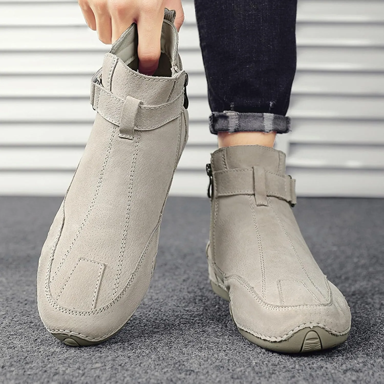 Casual Shoes for Men Men's Boots New Side Zipper High Top Men's Shoes Outdoor Casual Hand Sewn Leather Boots