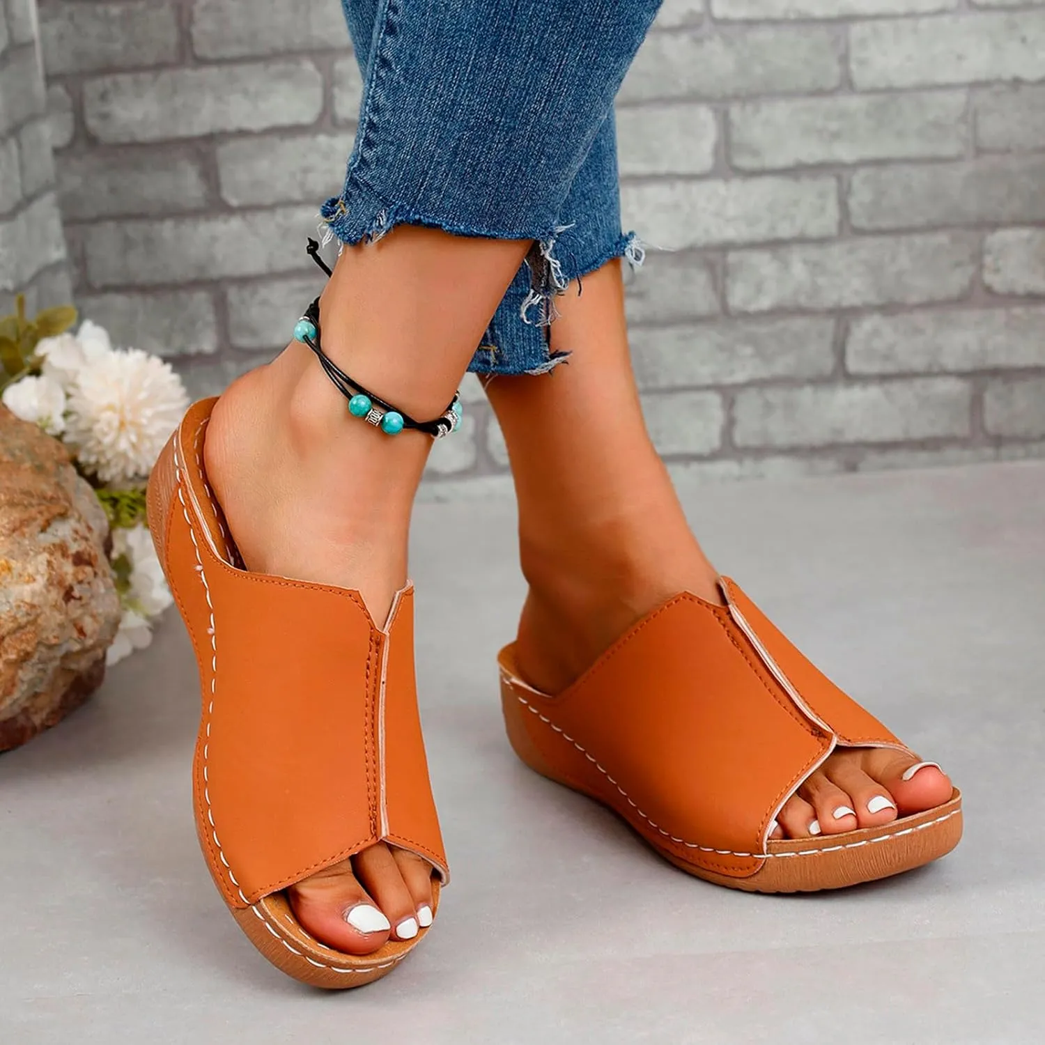Cathalem Flat Sandals for Women, Orthopedic Arch Support Flat Slip on Wide Width Leather Platform Wedge Slides Sandals