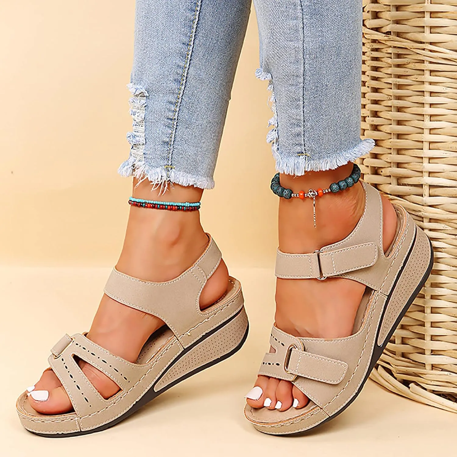 Cathalem Orthopedic Wedge Sandals for Women Summer Dressy Open Toe Ankle Strap Platform Sandals Comfortable Casual Low Wedges Sandals