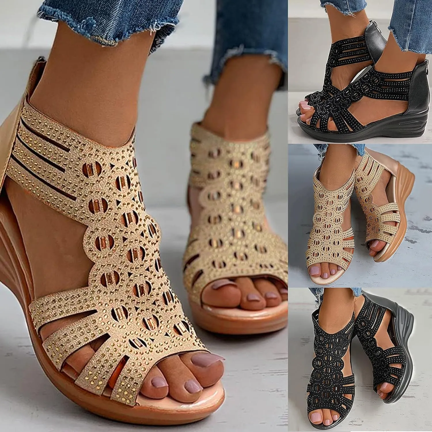 Cathalem Sandals For Women Dressy Summer Rhinestone Fashion Hollow Out Zipper Open Toe Low Wedge Sandals