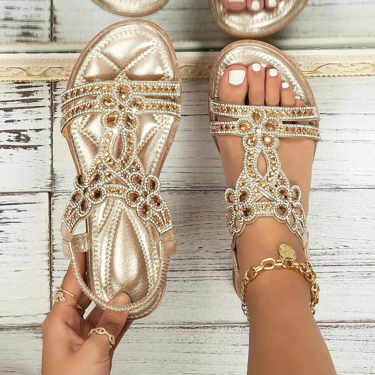 Cathalem Sandals For Women Dressy Summer Rhinestone Fashion Hollow Out Zipper Open Toe Low Wedge Sandals