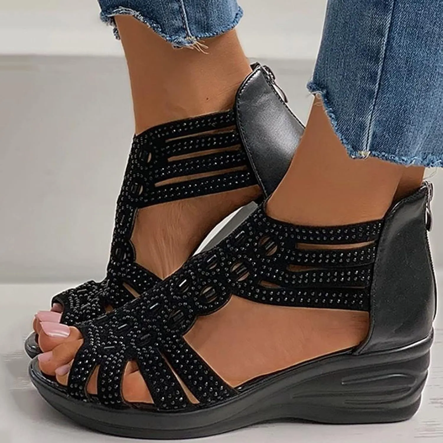 Cathalem Sandals For Women Dressy Summer Rhinestone Fashion Hollow Out Zipper Open Toe Low Wedge Sandals