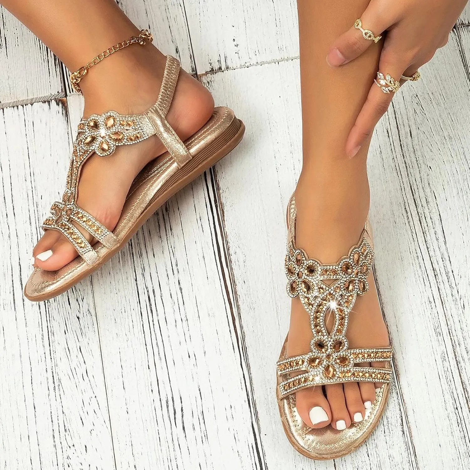 Cathalem Sandals For Women Dressy Summer Rhinestone Fashion Hollow Out Zipper Open Toe Low Wedge Sandals
