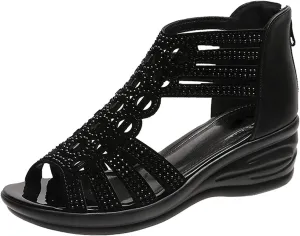 Cathalem Sandals For Women Dressy Summer Rhinestone Fashion Hollow Out Zipper Open Toe Low Wedge Sandals