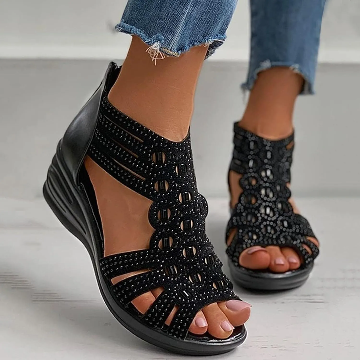 Cathalem Sandals For Women Dressy Summer Rhinestone Fashion Hollow Out Zipper Open Toe Low Wedge Sandals