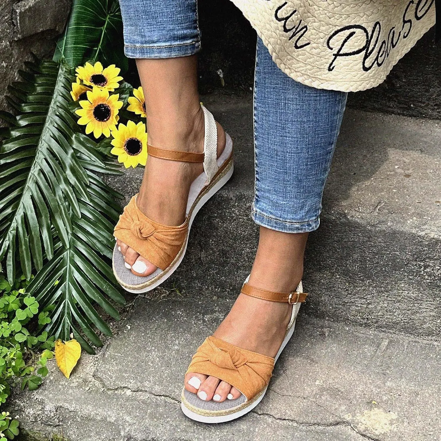 Cathalem Summer Sandals for Women 2024 Dressy Open Toe Ankle Strap Casual Low Heel Slip on Sandals Espadrille Sandals