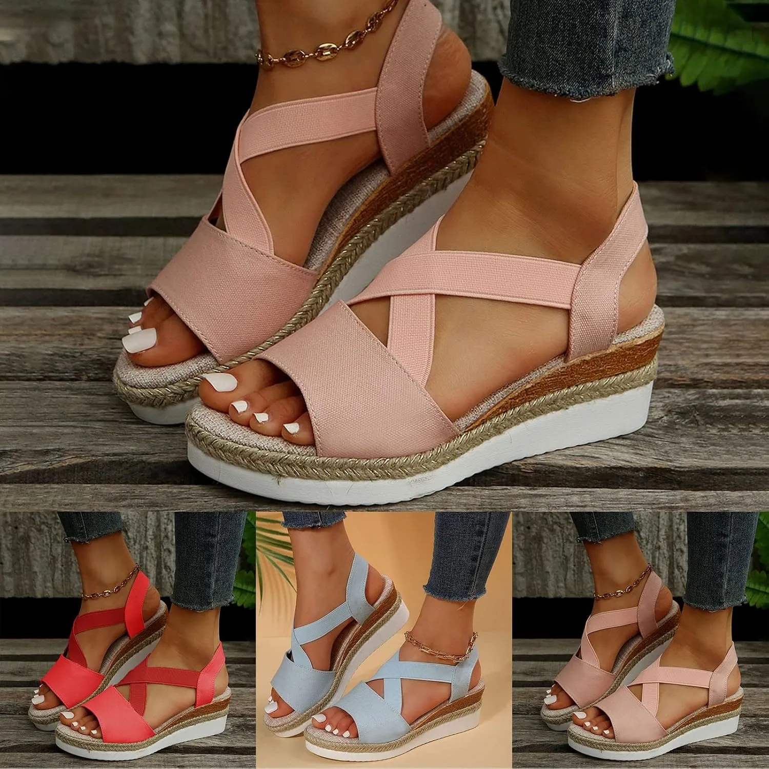 Cathalem Summer Sandals for Women 2024 Dressy Open Toe Ankle Strap Casual Low Heel Slip on Sandals Espadrille Sandals