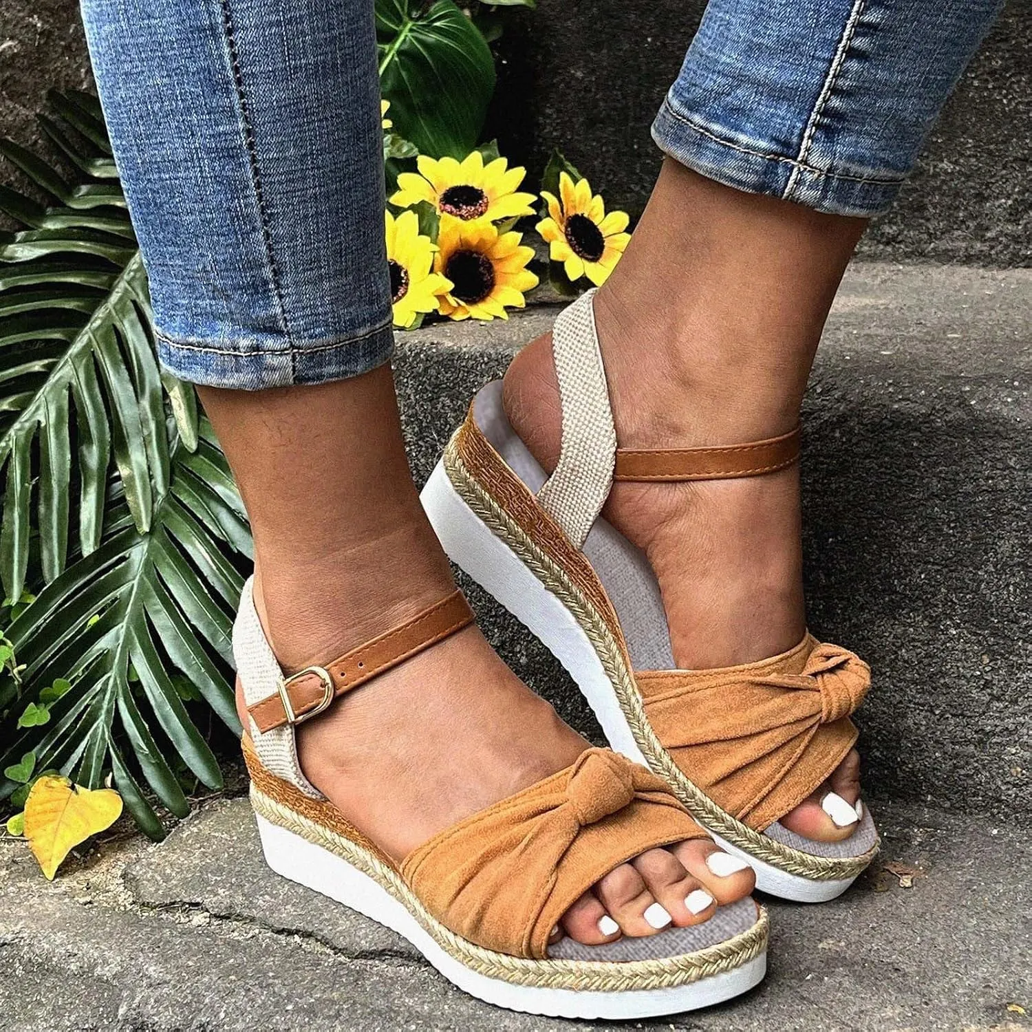 Cathalem Summer Sandals for Women 2024 Dressy Open Toe Ankle Strap Casual Low Heel Slip on Sandals Espadrille Sandals