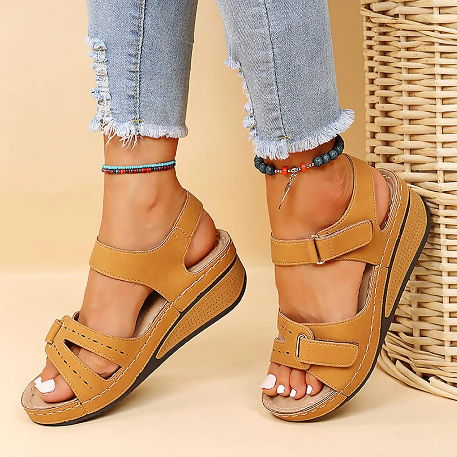 Cathalem Summer Sandals for Women 2024 Wedge Peep Toe Dotmalls Shoes Orthopedic Sandals
