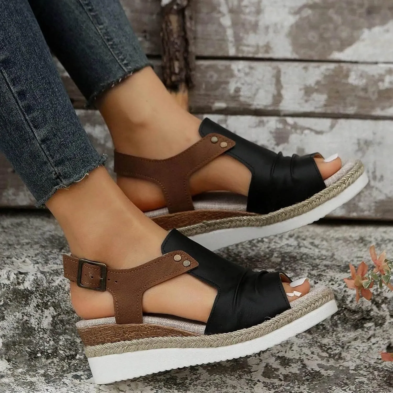 Cathalem Summer Sandals for Women 2024,Summer Platform Cork Wedges Espadrille Heel Strappy Leather Arch Support Sandals