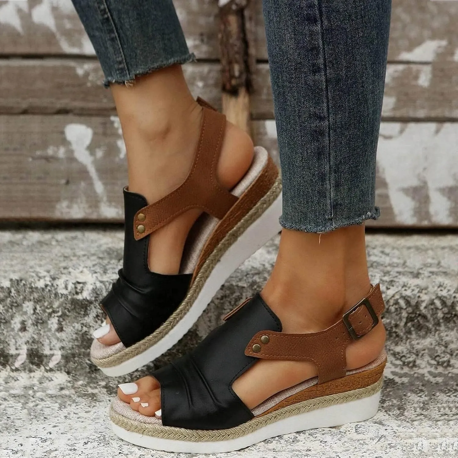 Cathalem Summer Sandals for Women 2024,Summer Platform Cork Wedges Espadrille Heel Strappy Leather Arch Support Sandals
