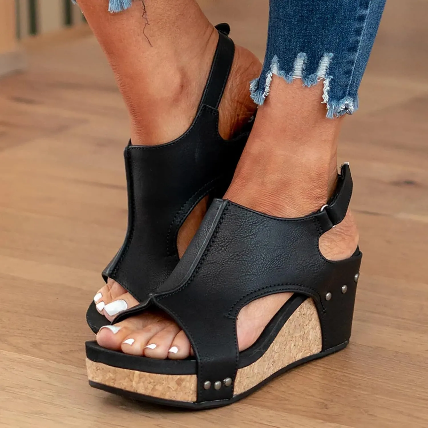 Cathalem Summer Sandals for Women 2024,Summer Platform Cork Wedges Espadrille Heel Strappy Leather Arch Support Sandals