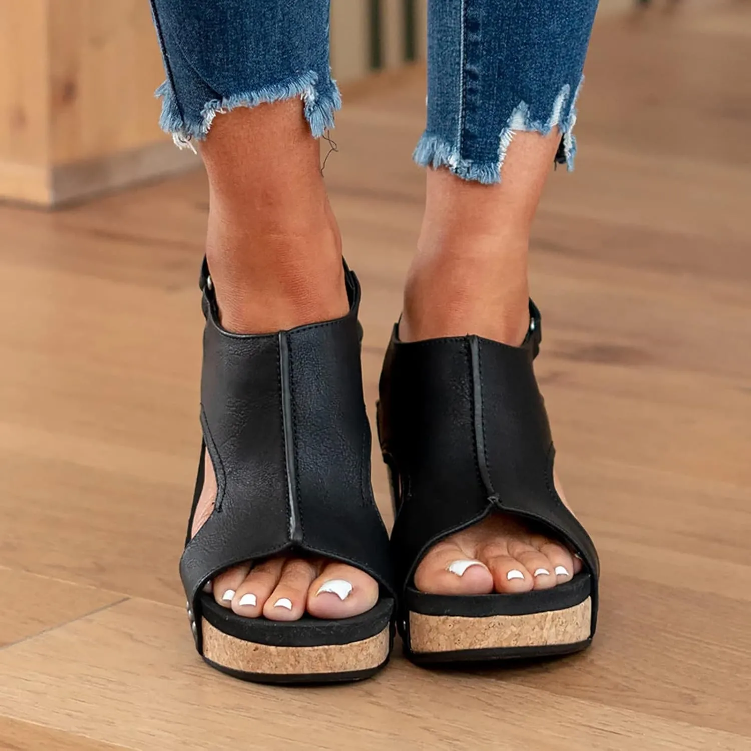 Cathalem Summer Sandals for Women 2024,Summer Platform Cork Wedges Espadrille Heel Strappy Leather Arch Support Sandals