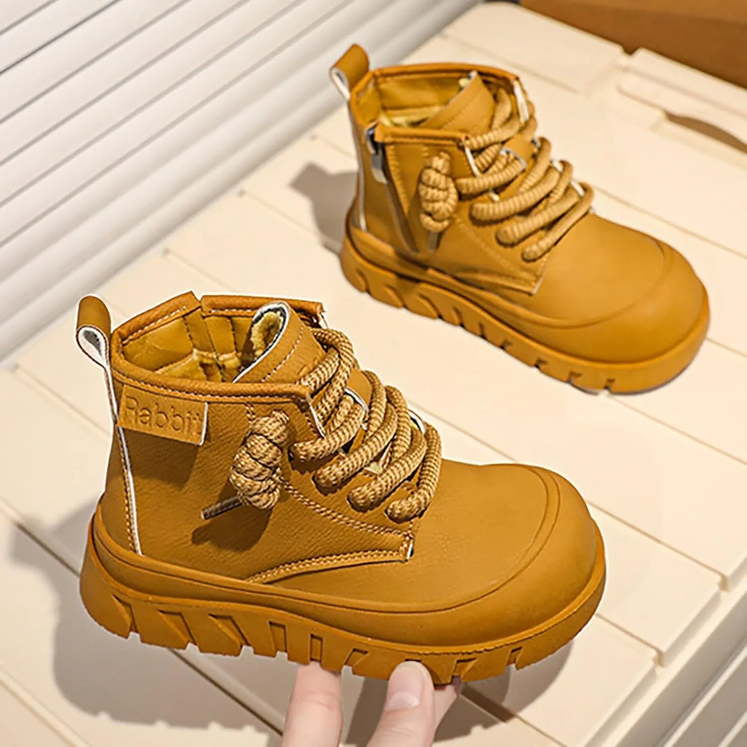 Chunky Sole Leather Booties For Childrens Boys Girls Kids Fashion Lace-Up Shoes aterproof Flat Non Slip Breathable Shoes