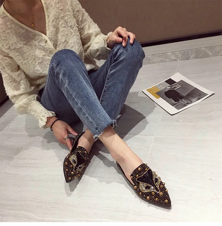 Cilool Rhinestone Rivet Flat Pointed Joker  Fashion Shoes