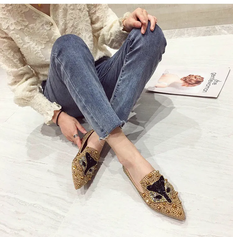 Cilool Rhinestone Rivet Flat Pointed Joker  Fashion Shoes