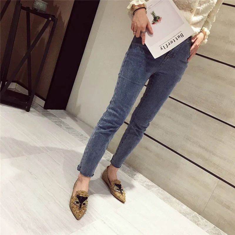 Cilool Rhinestone Rivet Flat Pointed Joker  Fashion Shoes