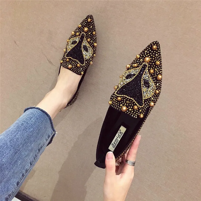 Cilool Rhinestone Rivet Flat Pointed Joker  Fashion Shoes