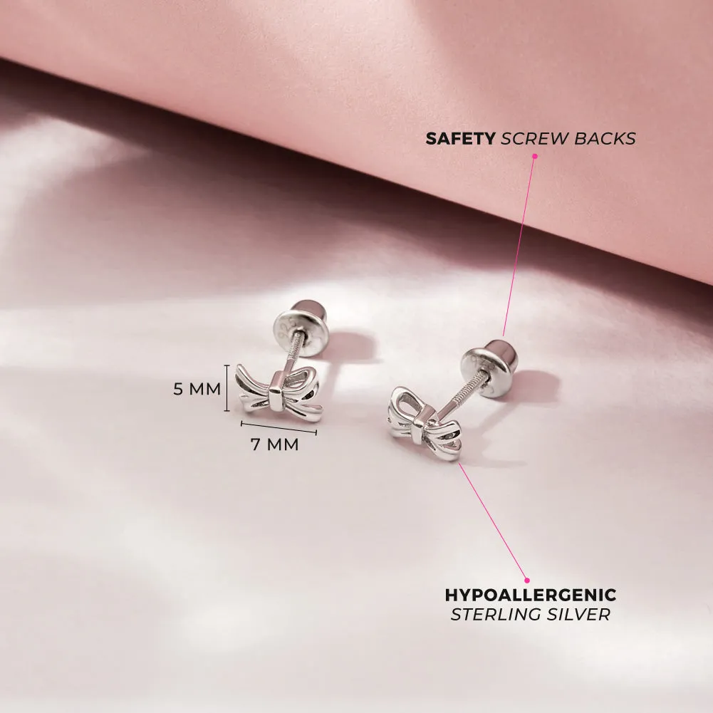 Classic Ribbon Bow Baby / Toddler / Kids Earrings Screw Back - Sterling Silver