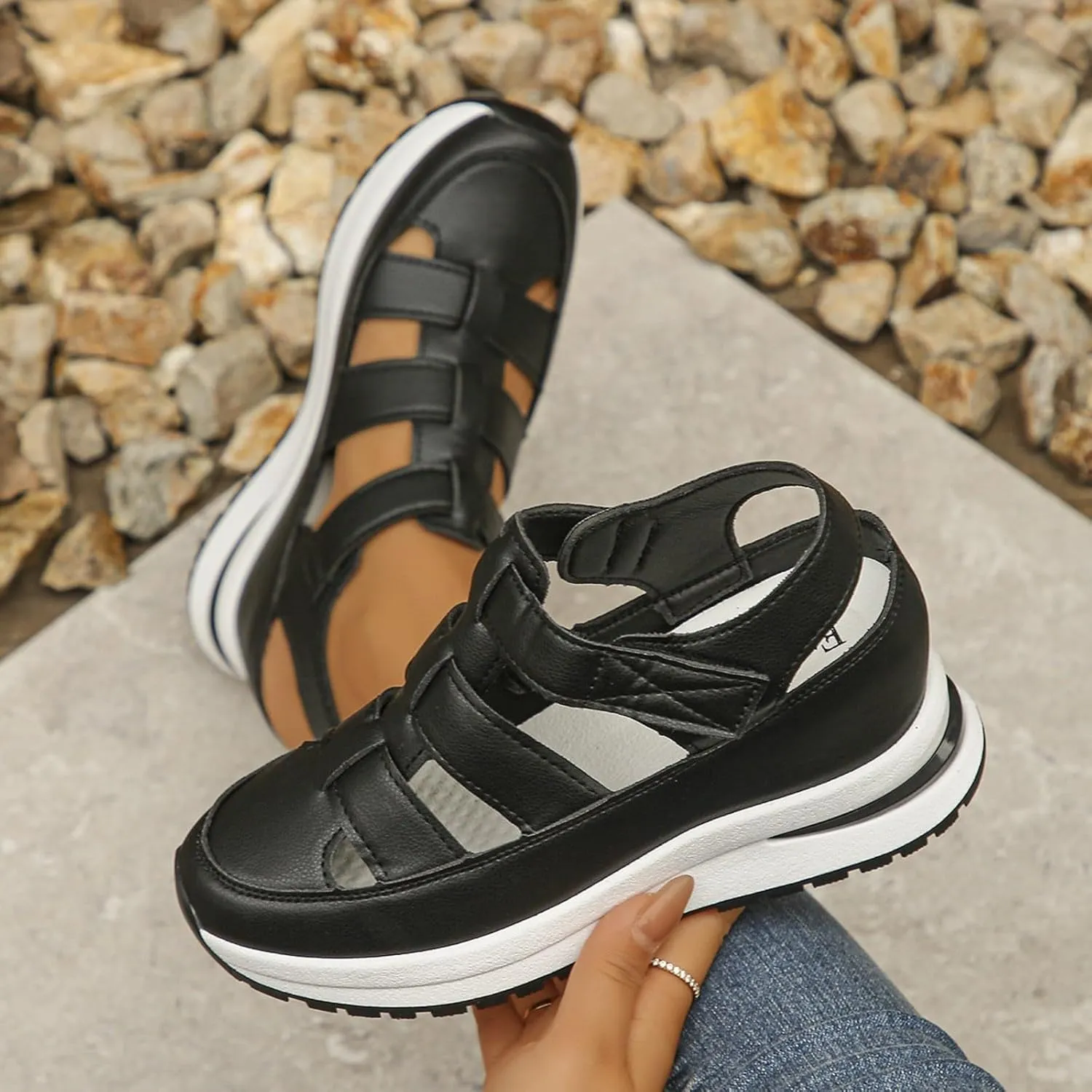 Closed Toe Hollow-Out Sandals for Women Plus Size Platform Wedge Sandals Casual Buckle Ankle Strap Shoes Summer Comfortable Weaving Shoes Height-Boosting Thick Sole Shoe