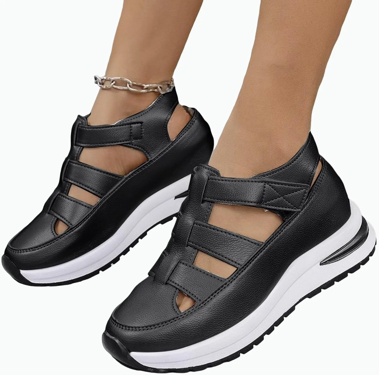 Closed Toe Hollow-Out Sandals for Women Plus Size Platform Wedge Sandals Casual Buckle Ankle Strap Shoes Summer Comfortable Weaving Shoes Height-Boosting Thick Sole Shoe