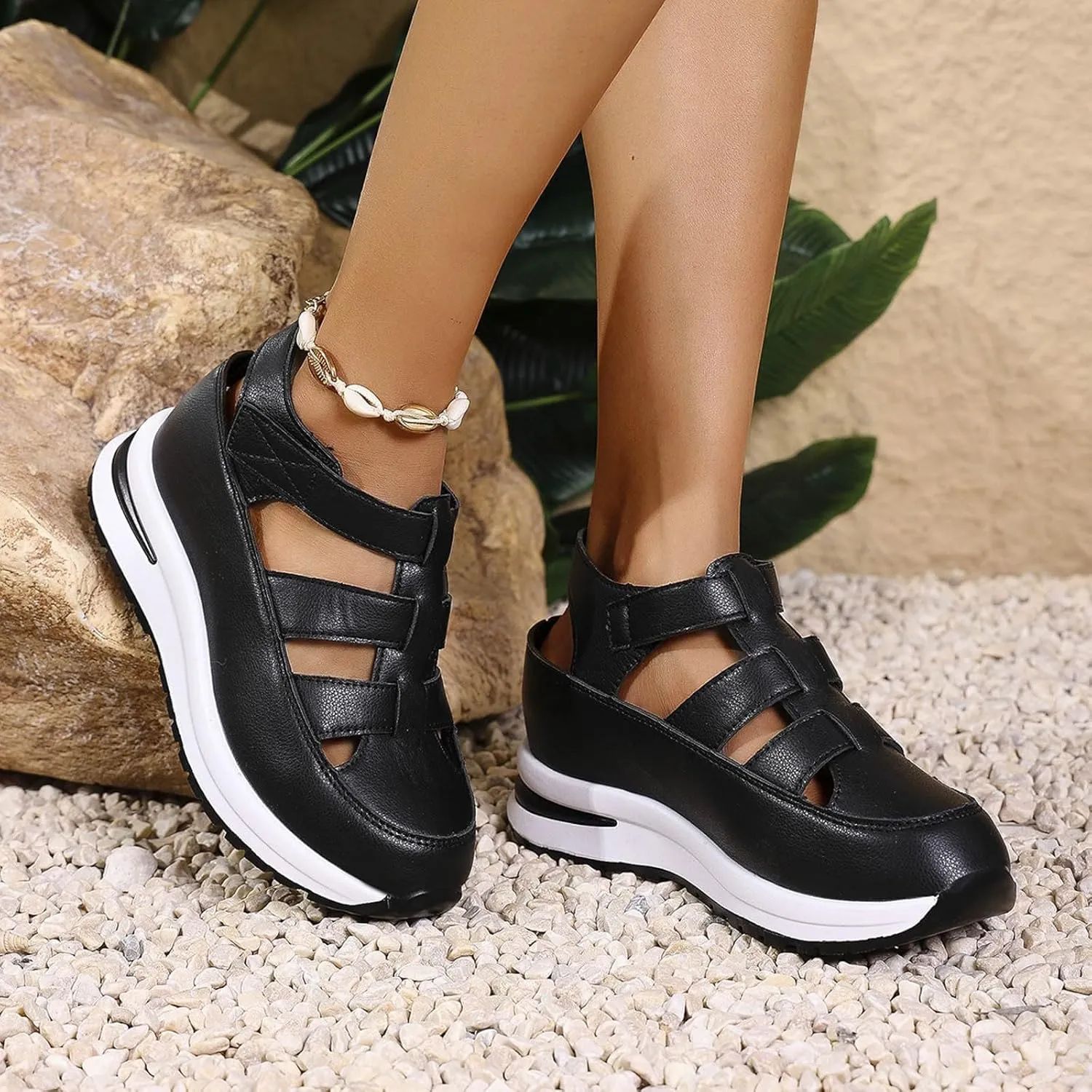 Closed Toe Hollow-Out Sandals for Women Plus Size Platform Wedge Sandals Casual Buckle Ankle Strap Shoes Summer Comfortable Weaving Shoes Height-Boosting Thick Sole Shoe