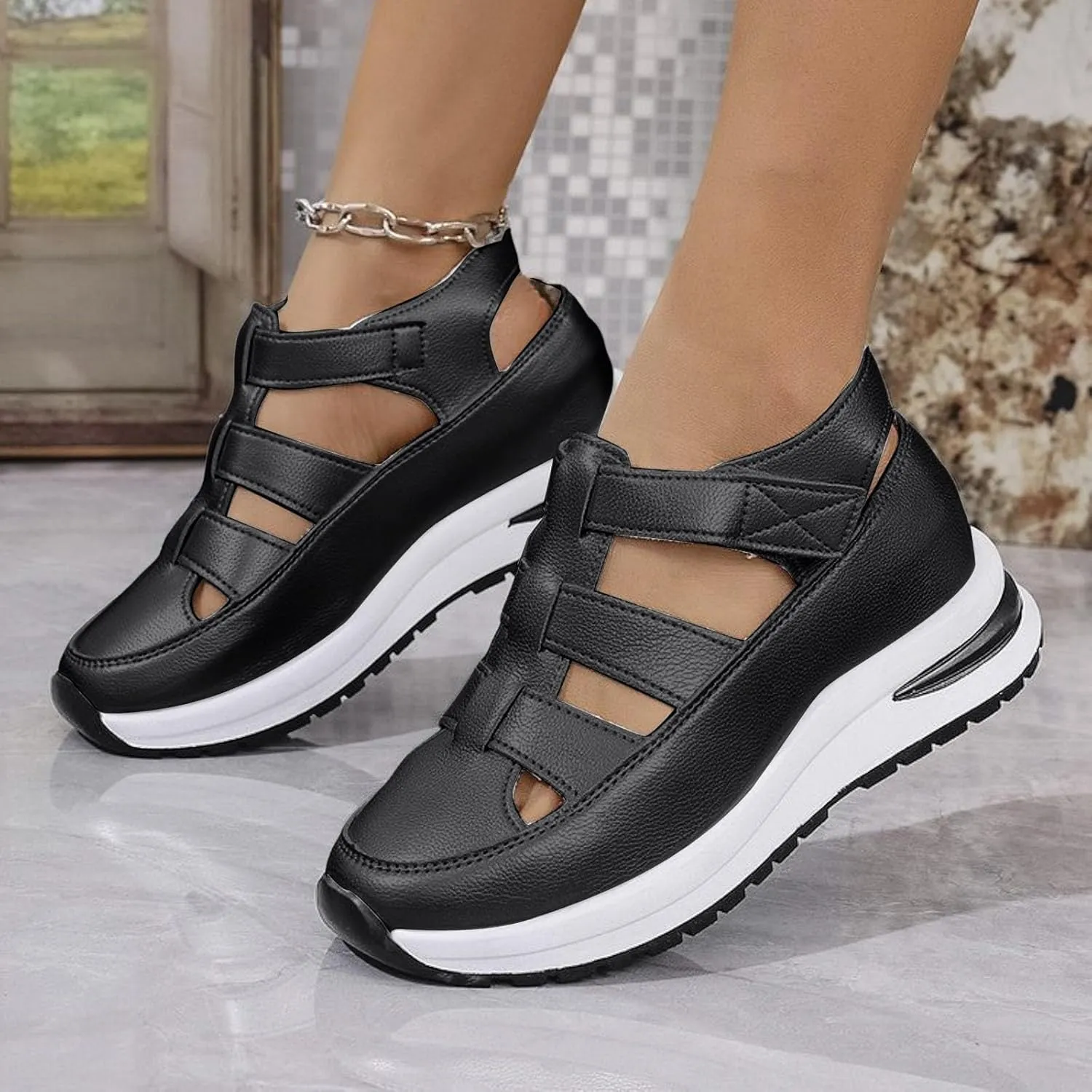 Closed Toe Hollow-Out Sandals for Women Plus Size Platform Wedge Sandals Casual Buckle Ankle Strap Shoes Summer Comfortable Weaving Shoes Height-Boosting Thick Sole Shoe