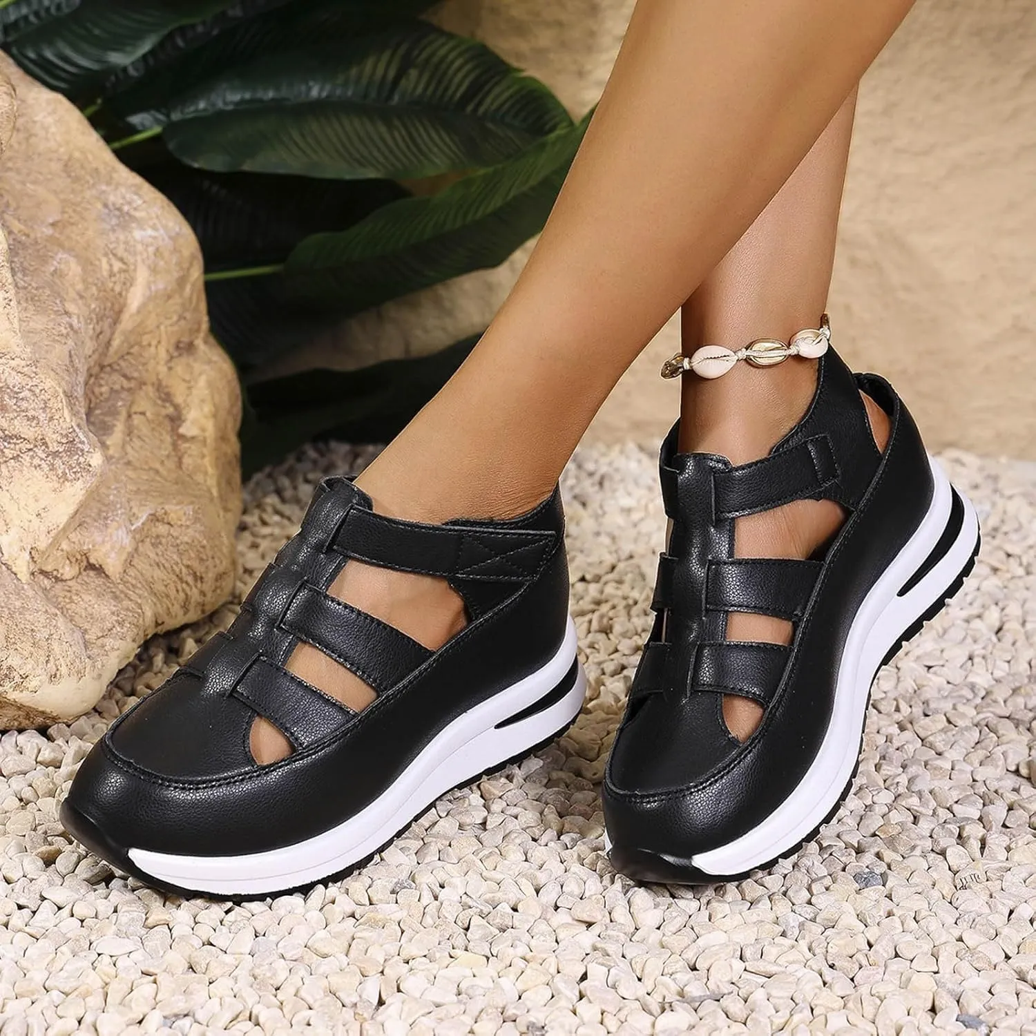 Closed Toe Hollow-Out Sandals for Women Plus Size Platform Wedge Sandals Casual Buckle Ankle Strap Shoes Summer Comfortable Weaving Shoes Height-Boosting Thick Sole Shoe