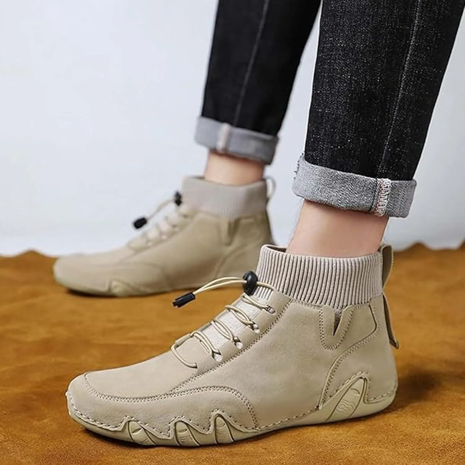 Couple's High Top Casual Shoes Casual Leather Water Proof Boots Splicing Leather Shoes Soft Soled Chukka Boots Shoe 11