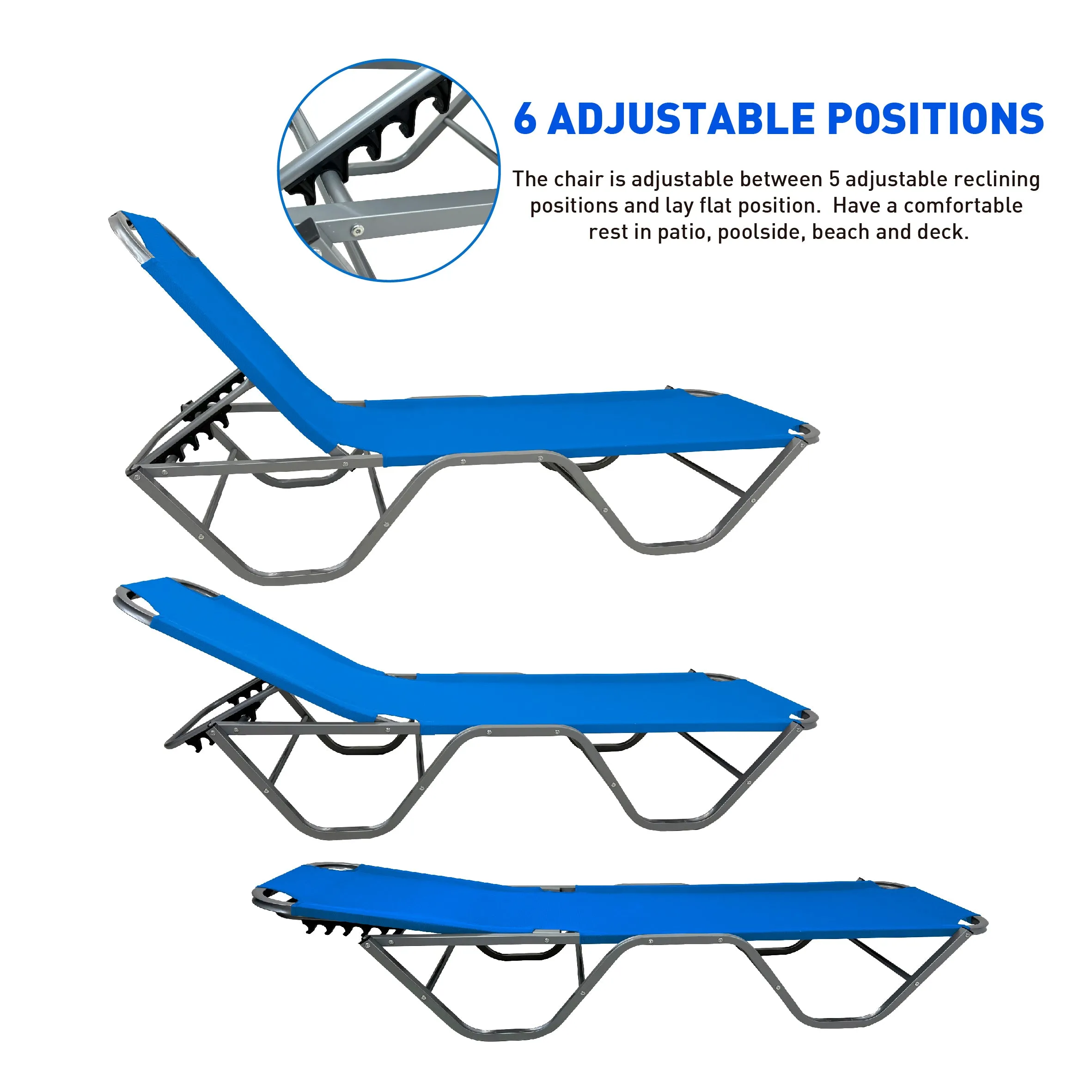 EasyGo Product Chaise Lounger – Aluminum Sun Lounge Chair – Adjustable Outdoor Patio Beach Porch Swing Pool-Five-Position Recliner-Lightweight All Weather, 2 Pack Blue