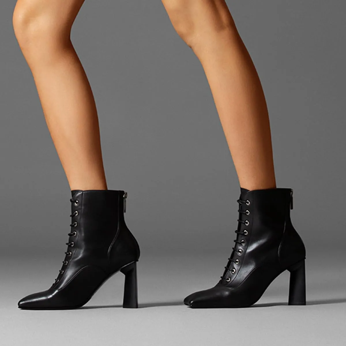 FOWT Women Trendy Square Toe Lace Up Ankle Boots Chunky High Heel Back Zipper Ladies Casual Walking Booties Size 4-16 US