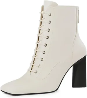 FOWT Women Trendy Square Toe Lace Up Ankle Boots Chunky High Heel Back Zipper Ladies Casual Walking Booties Size 4-16 US