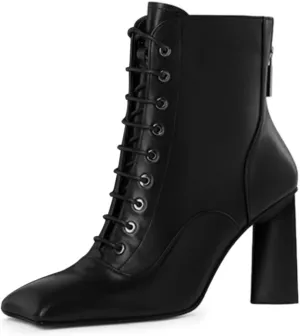 FOWT Women Trendy Square Toe Lace Up Ankle Boots Chunky High Heel Back Zipper Ladies Casual Walking Booties Size 4-16 US