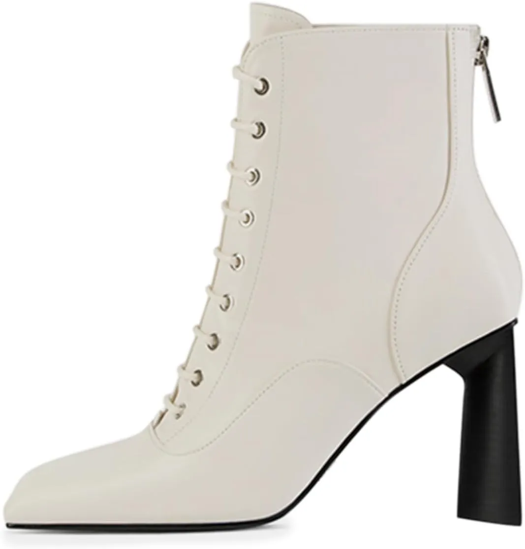FOWT Women Trendy Square Toe Lace Up Ankle Boots Chunky High Heel Back Zipper Ladies Casual Walking Booties Size 4-16 US