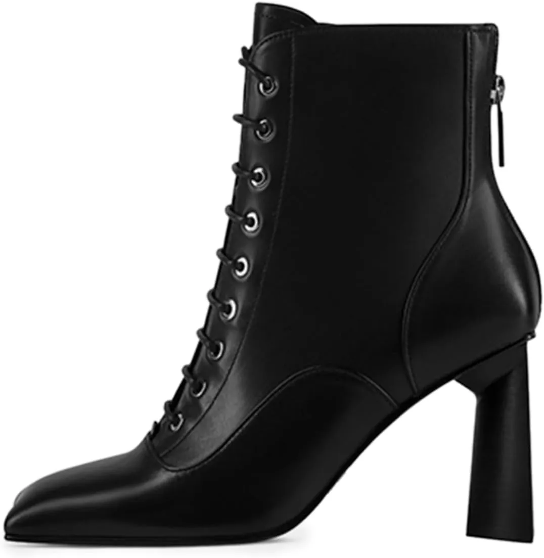 FOWT Women Trendy Square Toe Lace Up Ankle Boots Chunky High Heel Back Zipper Ladies Casual Walking Booties Size 4-16 US
