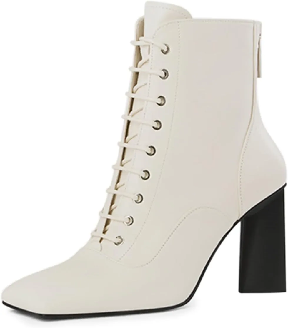 FOWT Women Trendy Square Toe Lace Up Ankle Boots Chunky High Heel Back Zipper Ladies Casual Walking Booties Size 4-16 US