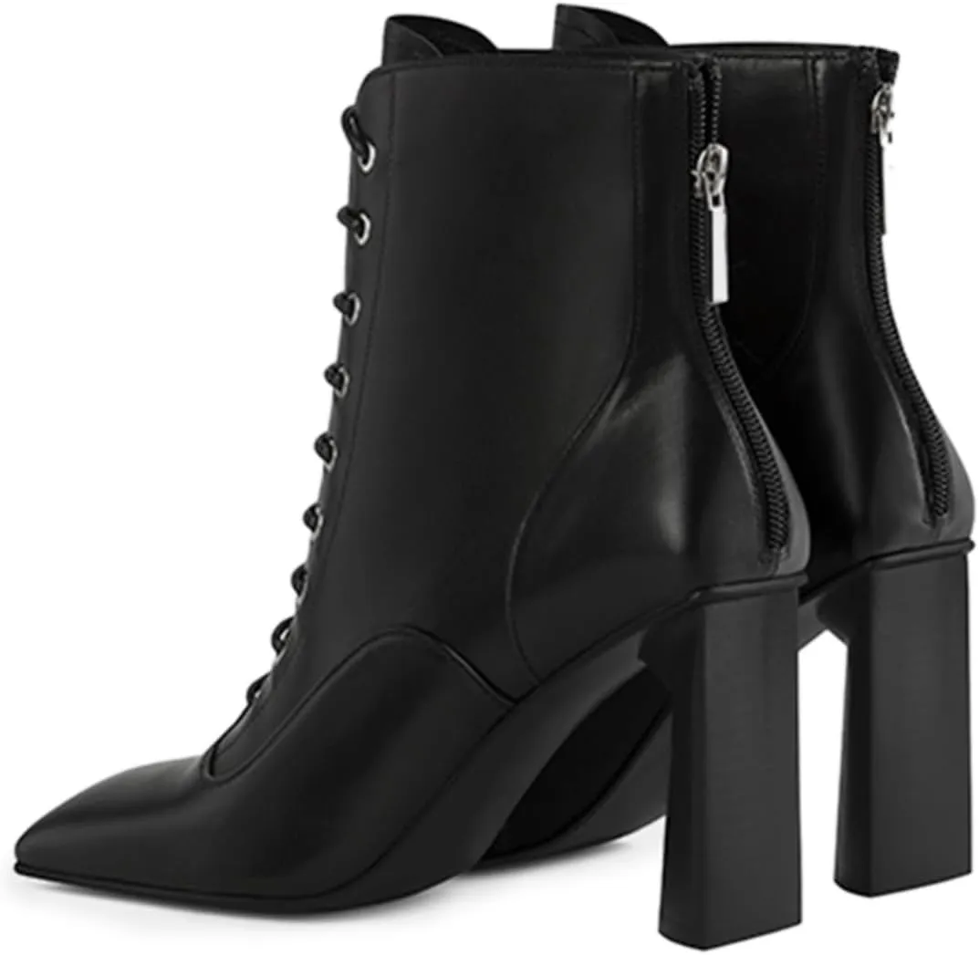 FOWT Women Trendy Square Toe Lace Up Ankle Boots Chunky High Heel Back Zipper Ladies Casual Walking Booties Size 4-16 US