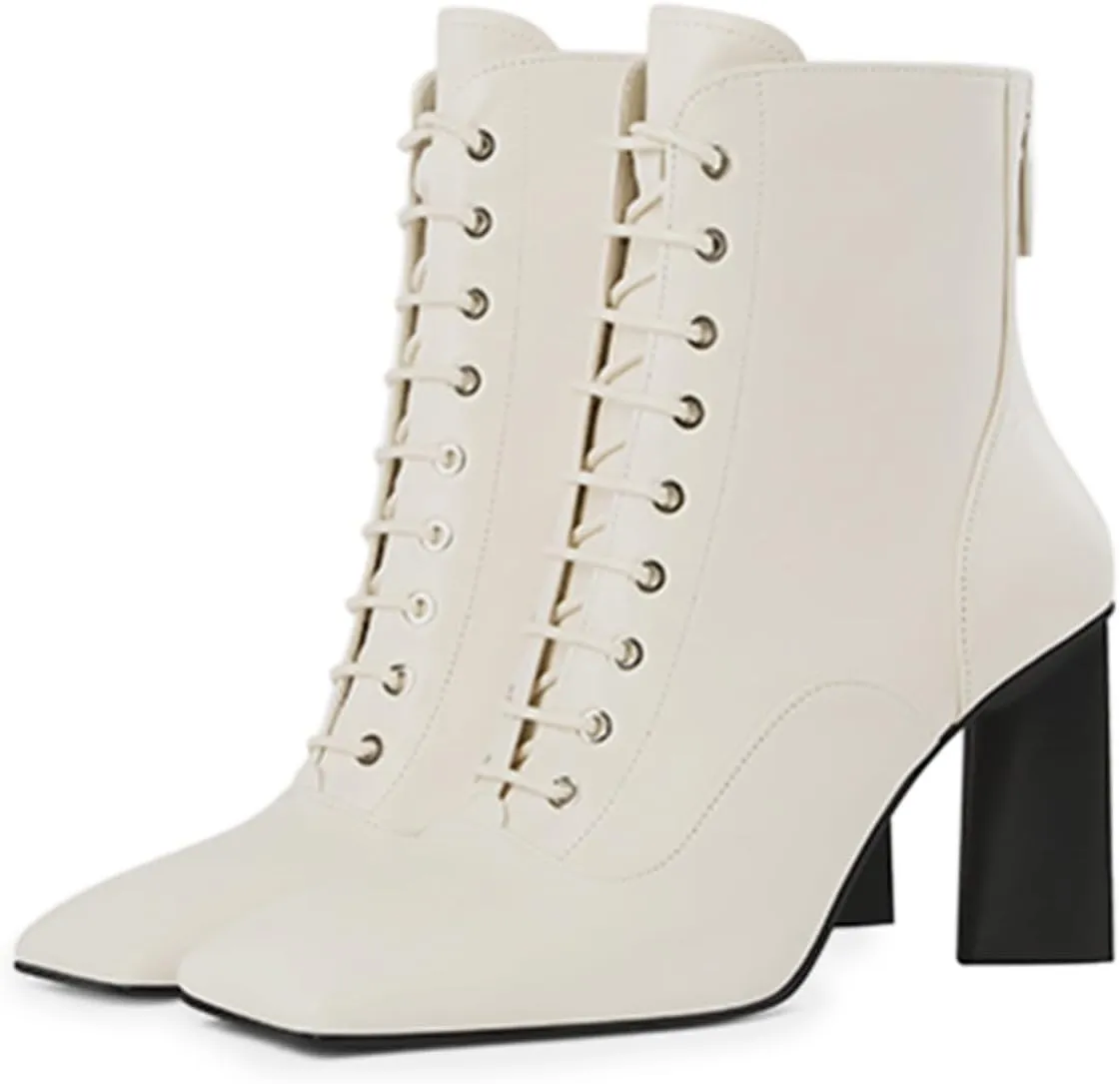 FOWT Women Trendy Square Toe Lace Up Ankle Boots Chunky High Heel Back Zipper Ladies Casual Walking Booties Size 4-16 US